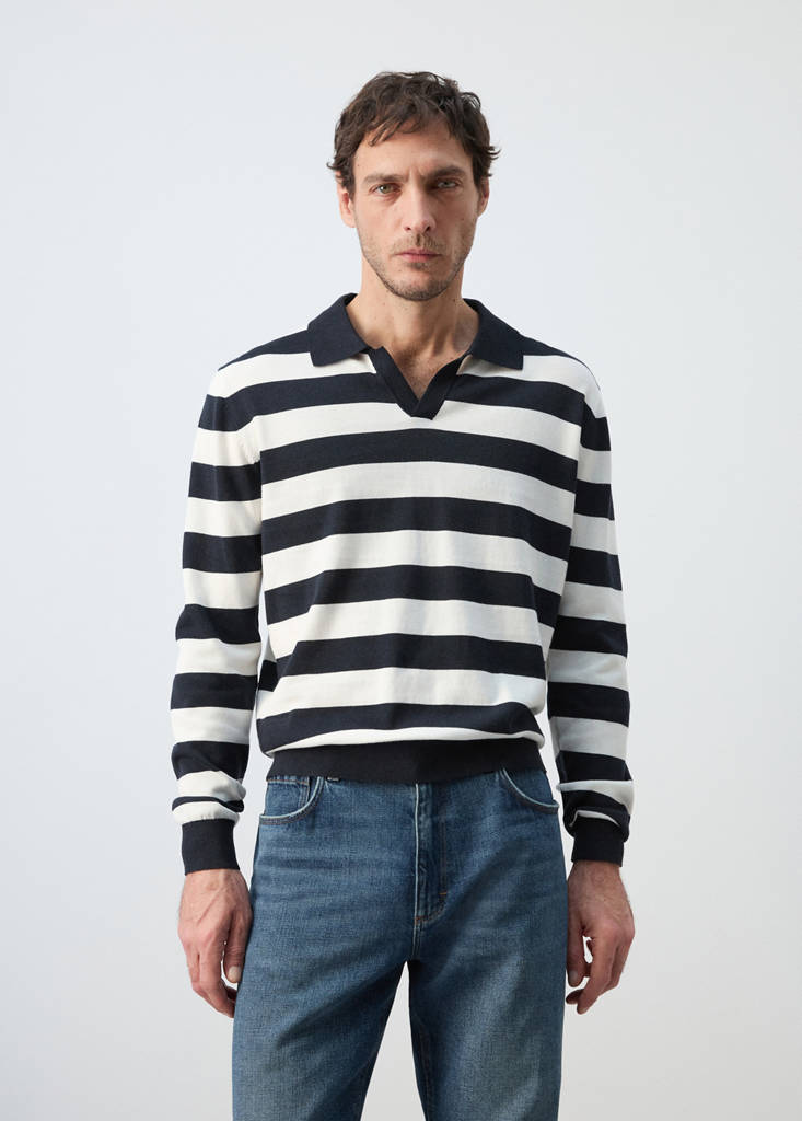 Fine knit polo sweater 100% cotton — Navy