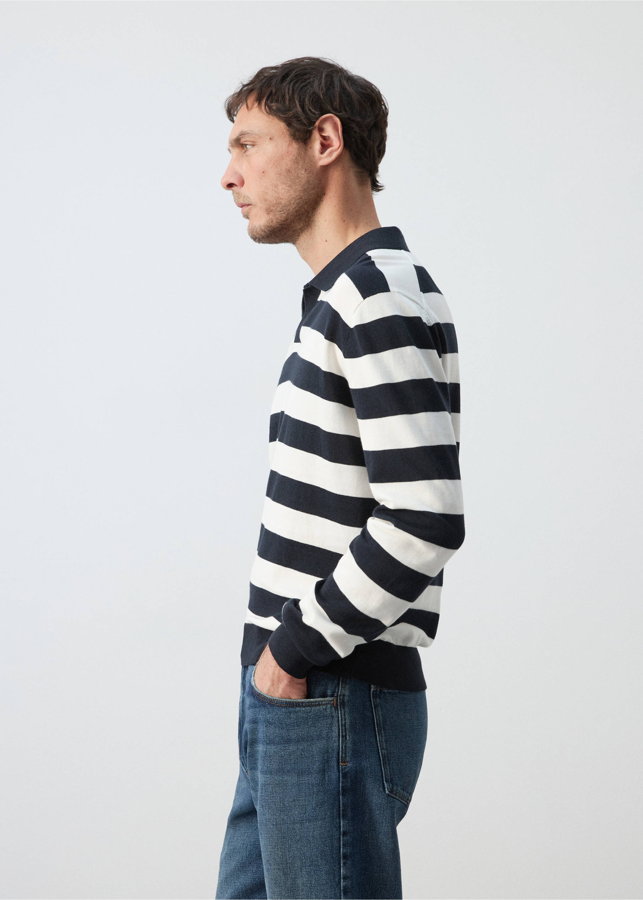 Джемпер-поло из тонкого трикотажа из 100% хлопка - Деталь изделия 6, Глубокий темно-синий. Ref: 27065937-00.