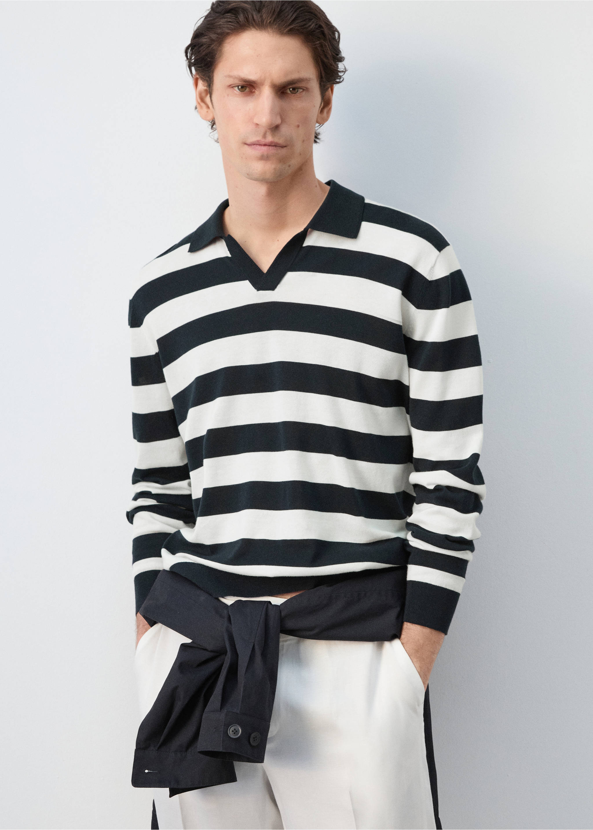 Pull polo maille fine 100 % coton - Plan moyen, Bleu marine. Ref: 27065937-03.