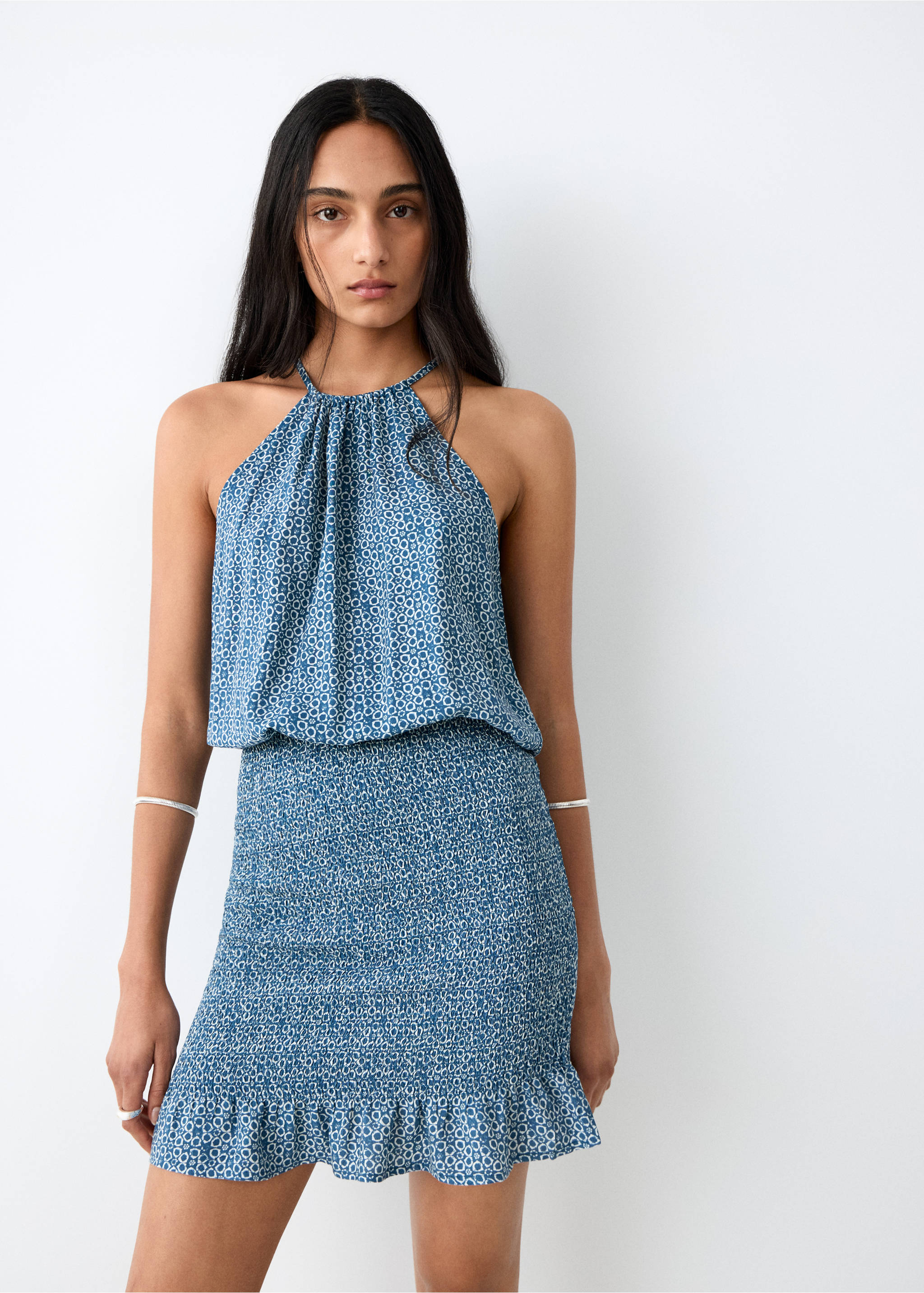 Printed ruched dress - Medium plane, Blue. Ref: 27065956-00.