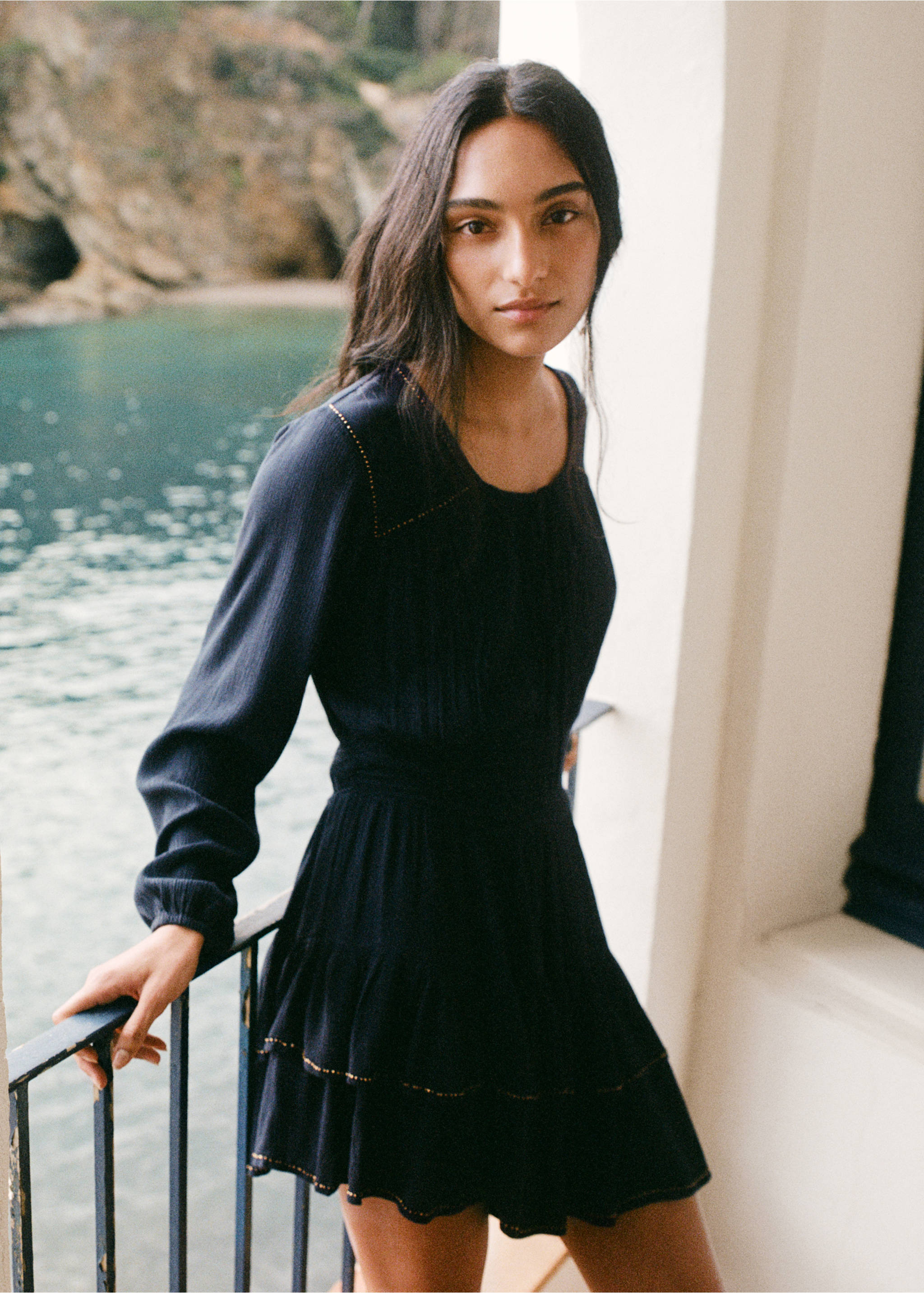 Short dress with bead detail - Details of the article 5, Blue. Ref: 27065957-00.