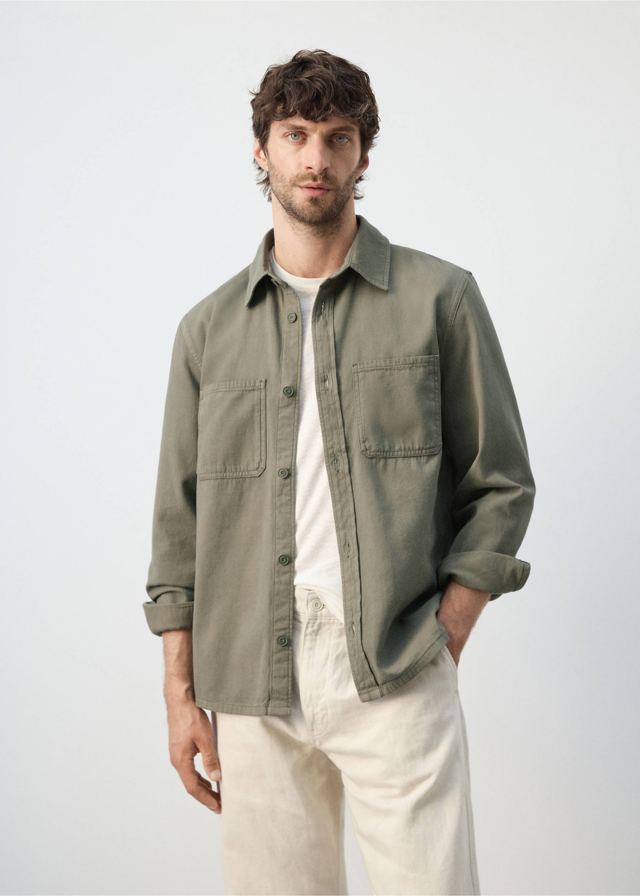 100% cotton overshirt with pockets - Medium plane, Khaki. Ref: 27065968-00.