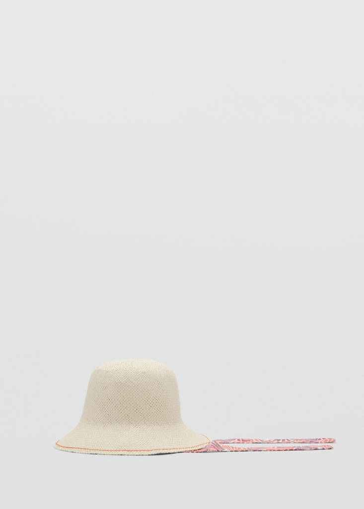 Raffia hat with printed tie — Sand