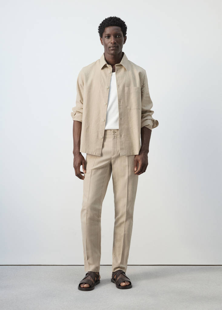 Linen and cotton blend stripe shirt — Beige