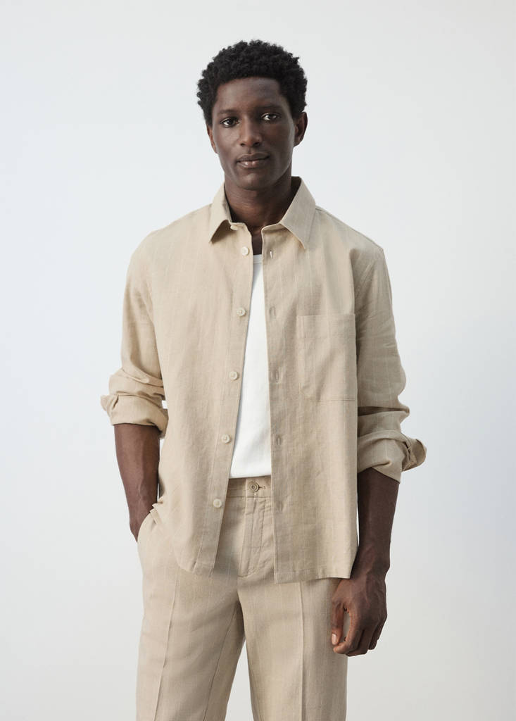 Linen and cotton blend stripe shirt — Beige