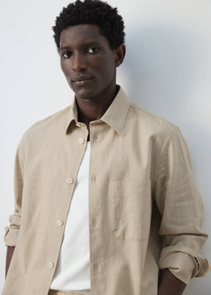 Linen and cotton blend stripe shirt — Beige