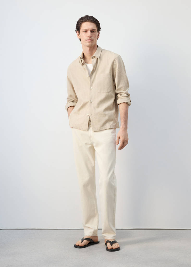 Linen and cotton blend stripe shirt — Beige