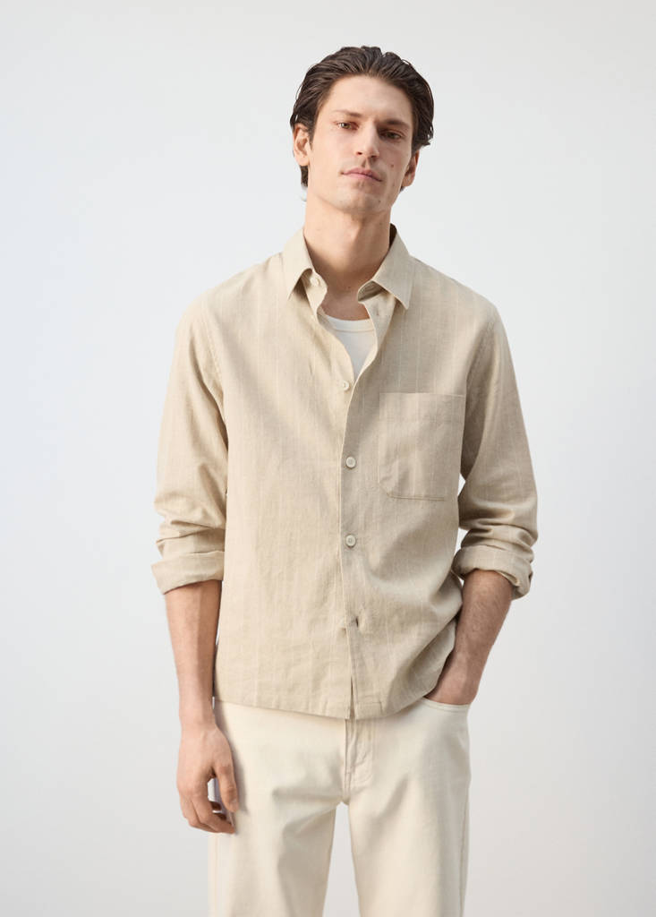 Linen and cotton blend stripe shirt — Beige