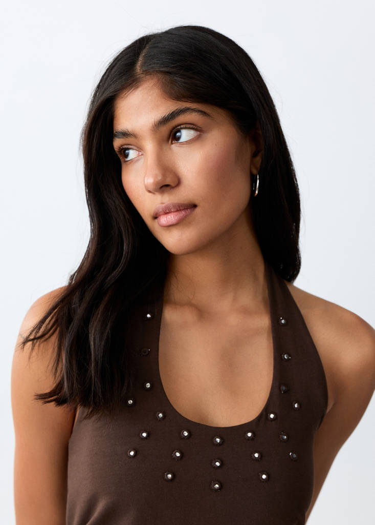 Halter top with metallic appliqués — Brown