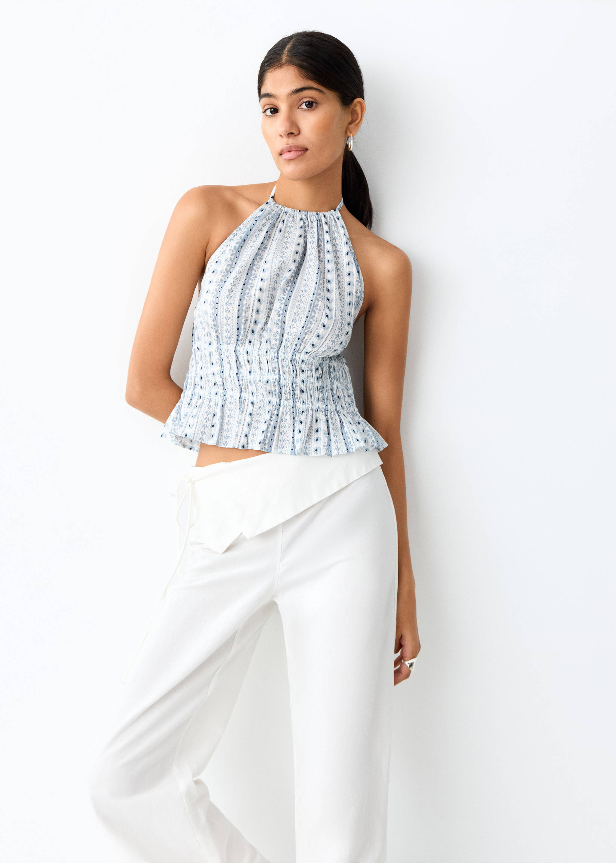 قميص بنقوش وياقة هالتر - رؤية وسط, أزرق سماوي. Ref: 27067142-00.