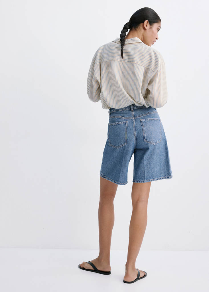 High-waist straight-fit denim shorts — Medium Blue