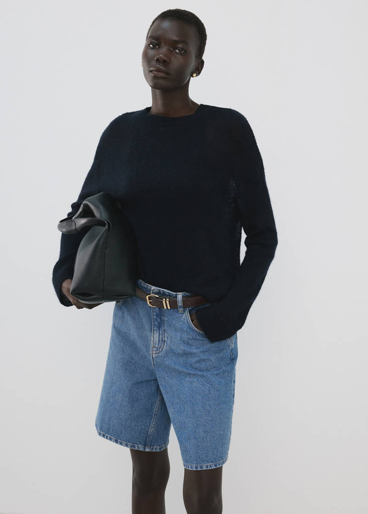 High-waist straight-fit denim shorts — Medium Blue