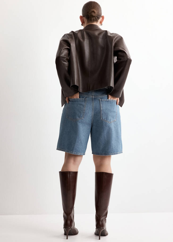 High-waist straight-fit denim shorts — Medium Blue