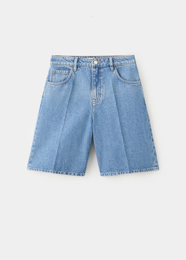 High-waist straight-fit denim shorts — Medium Blue