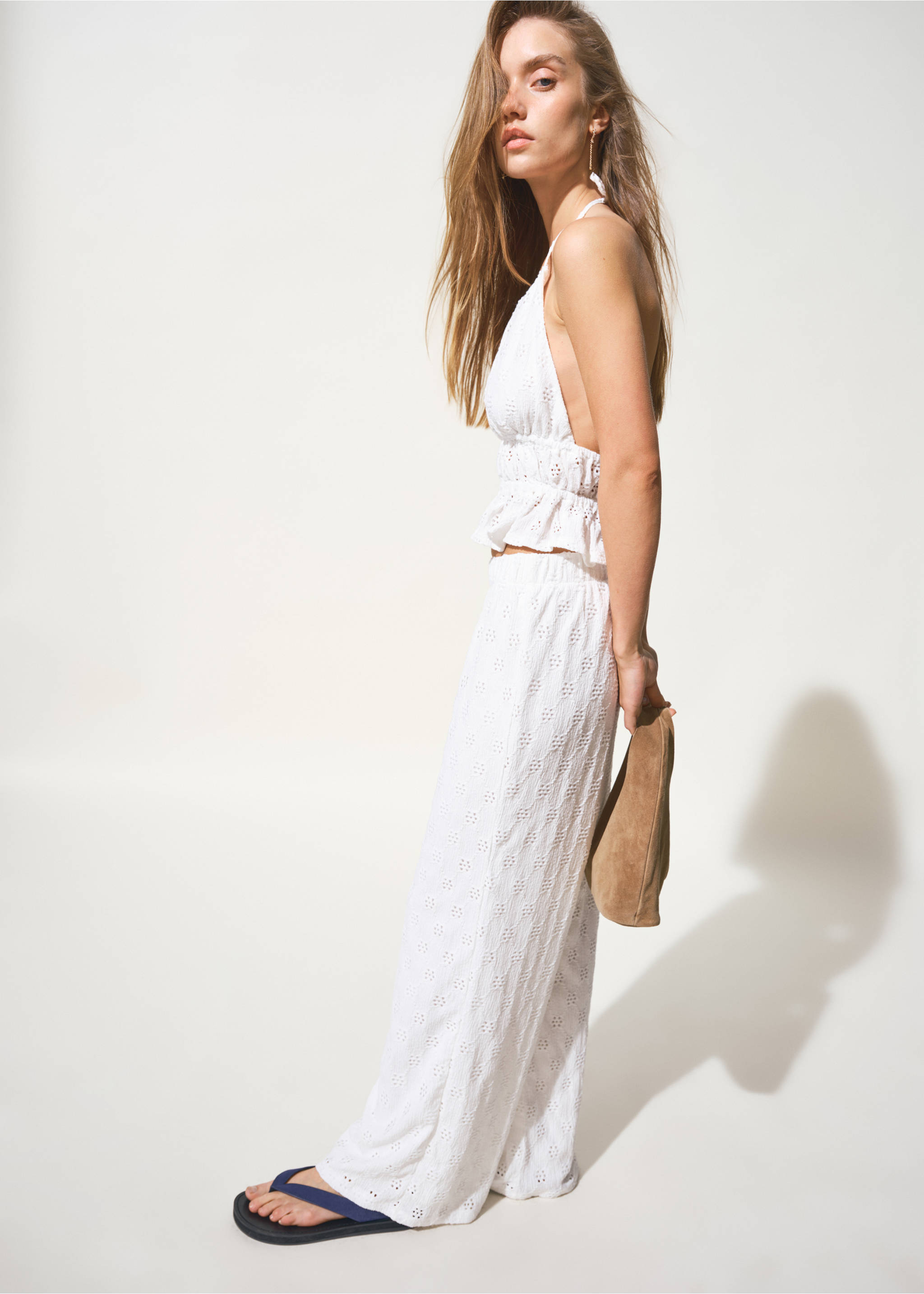 Straight trousers with embroidered details - Medium plane, Off White. Ref: 27067147-00.