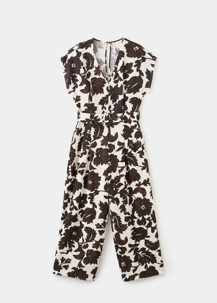 Floral print jumpsuit with belt — Ecru