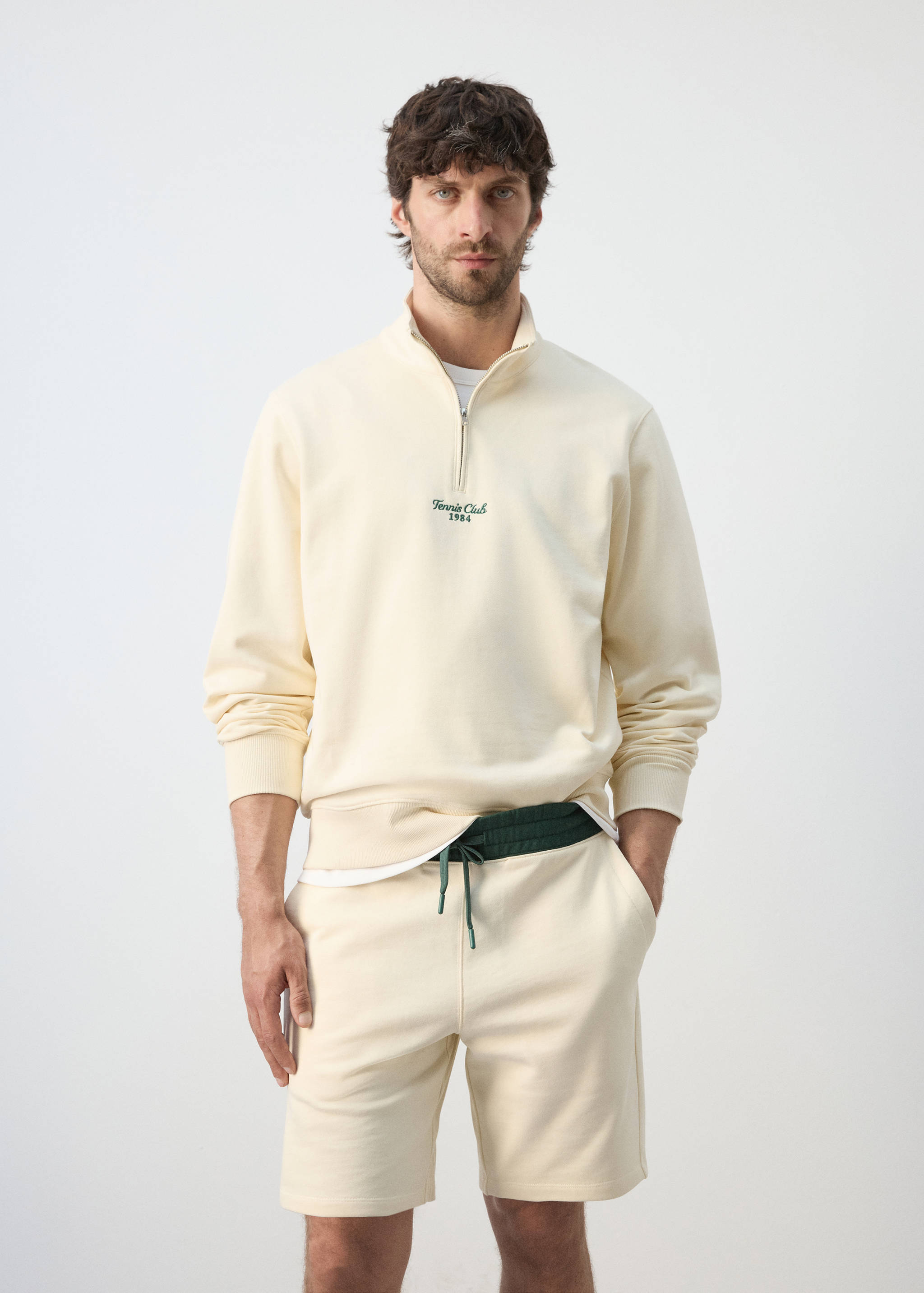 Cotton sweatshirt with zip neck and embroidered detailing - Medium plane