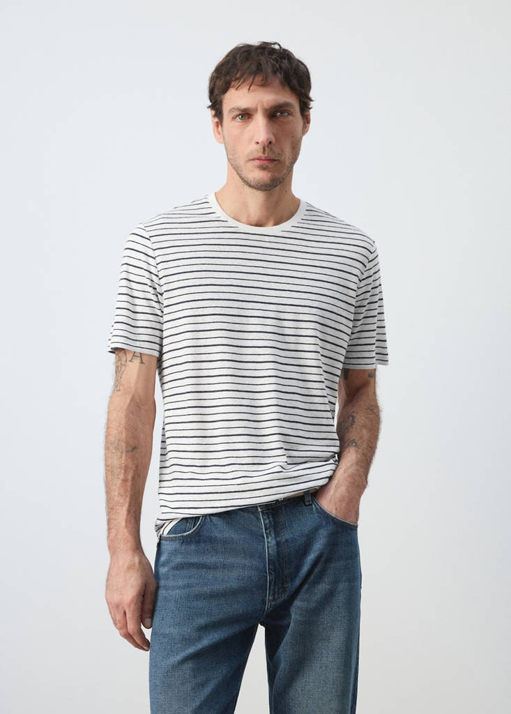 Linen blend slim fit striped T-shirt — White