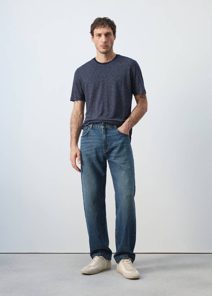 Linen blend slim fit striped T-shirt — Ink Blue