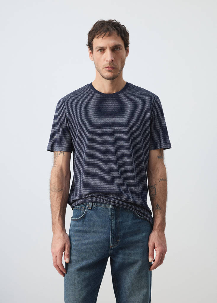 Linen blend slim fit striped T-shirt — Ink Blue