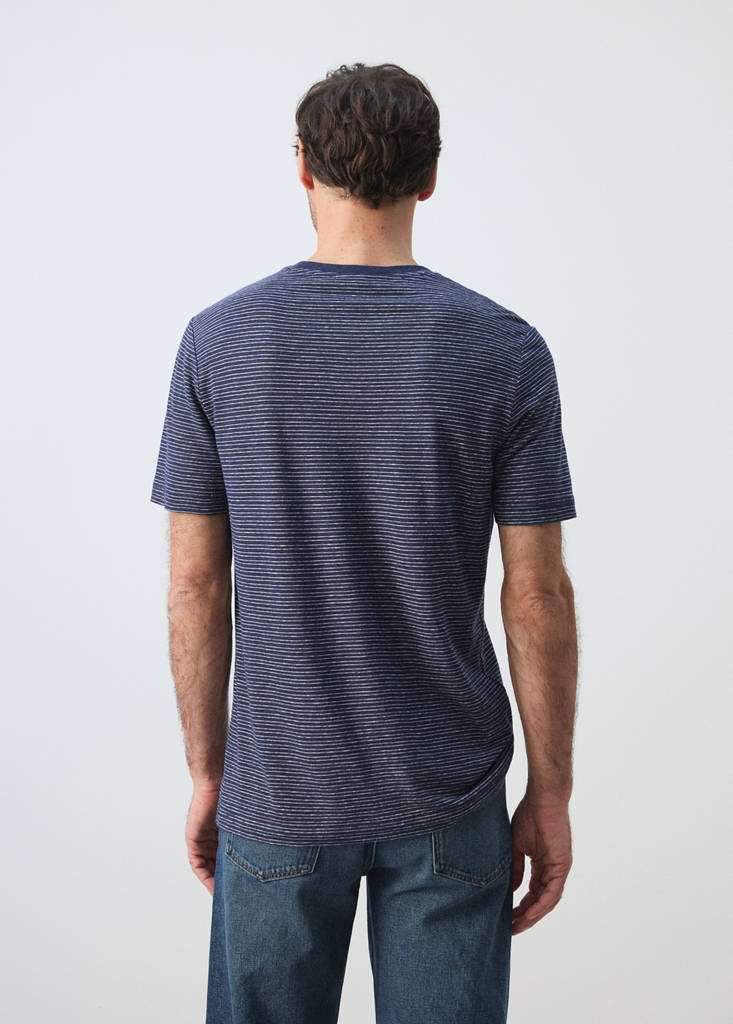 Linen blend slim fit striped T-shirt — Ink Blue