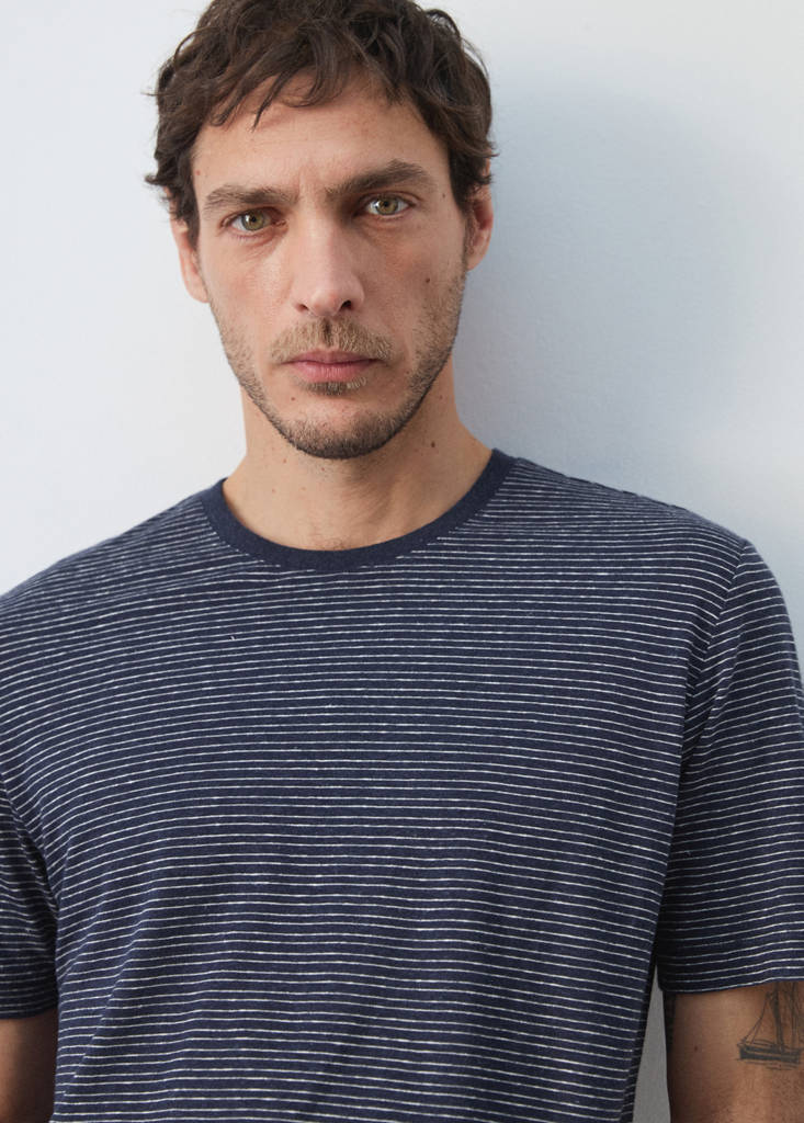 Linen blend slim fit striped T-shirt — Ink Blue