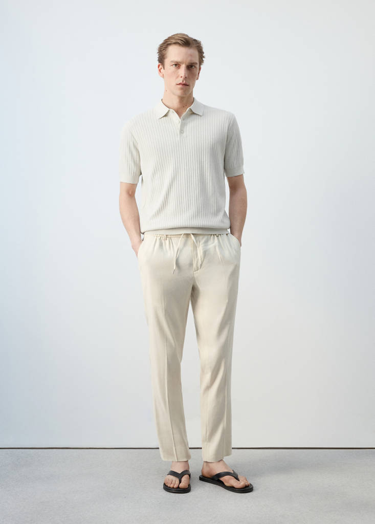 Ribbed cotton-blend knit polo — Sand