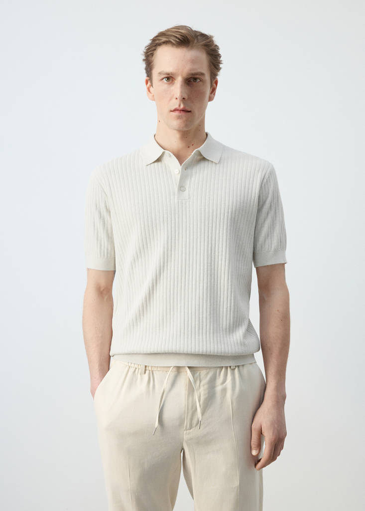 Ribbed cotton-blend knit polo — Sand