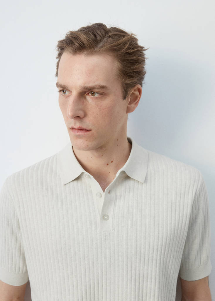 Ribbed cotton-blend knit polo — Sand