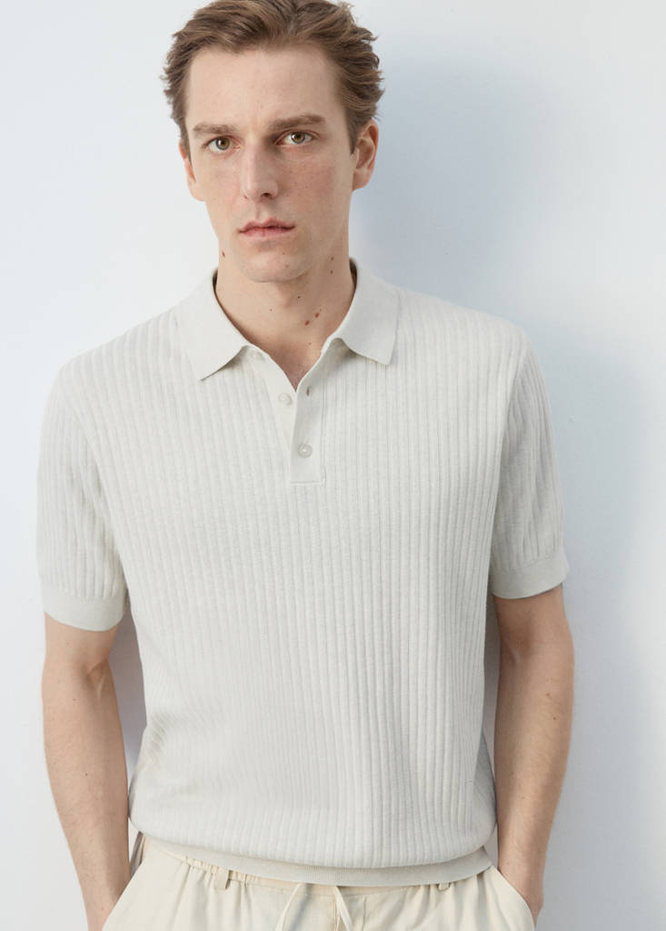 Ribbed cotton-blend knit polo — Sand