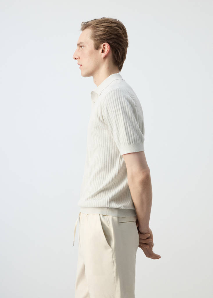 Ribbed cotton-blend knit polo — Sand