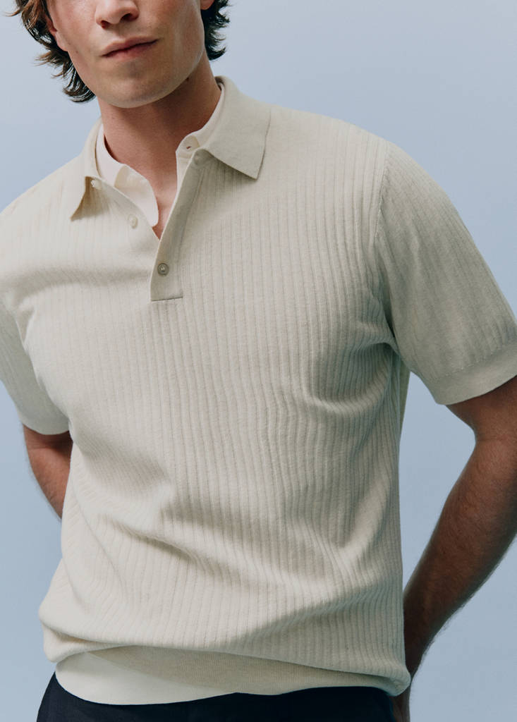 Ribbed cotton-blend knit polo — Sand