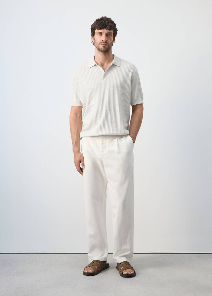 Ribbed cotton-blend knit polo — Sand