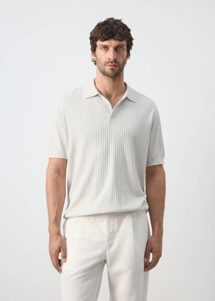 Ribbed cotton-blend knit polo — Sand