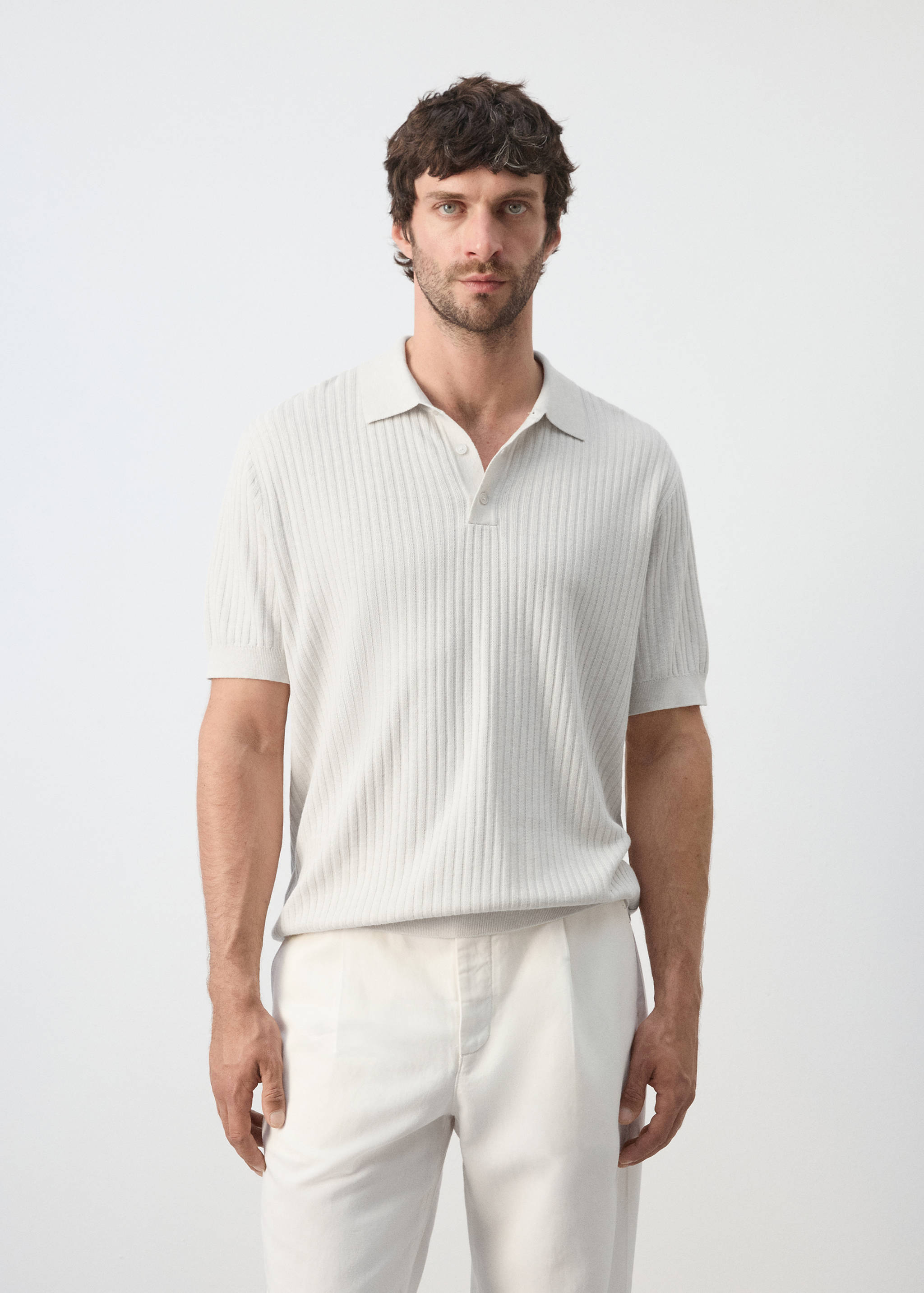 Ribbed cotton-blend knit polo - Medium plane