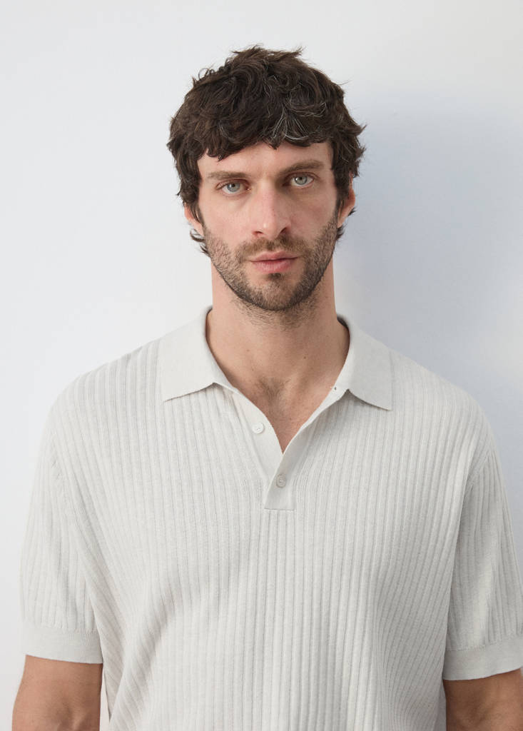 Ribbed cotton-blend knit polo — Sand
