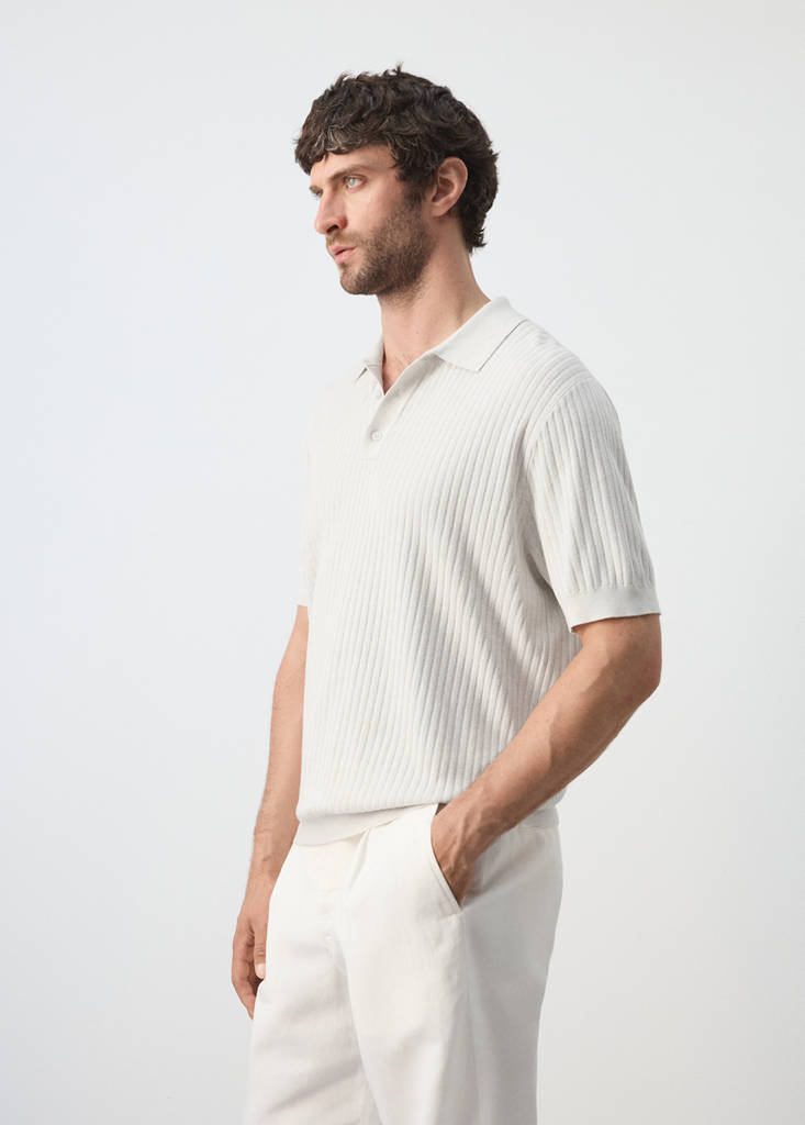 Ribbed cotton-blend knit polo — Sand