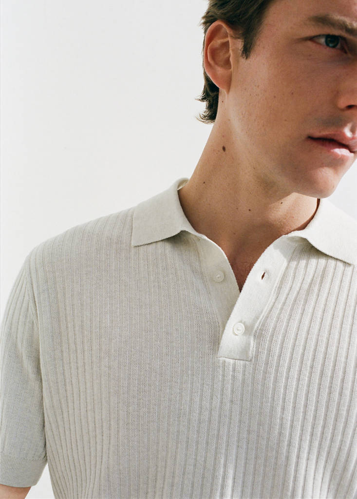 Ribbed cotton-blend knit polo — Sand