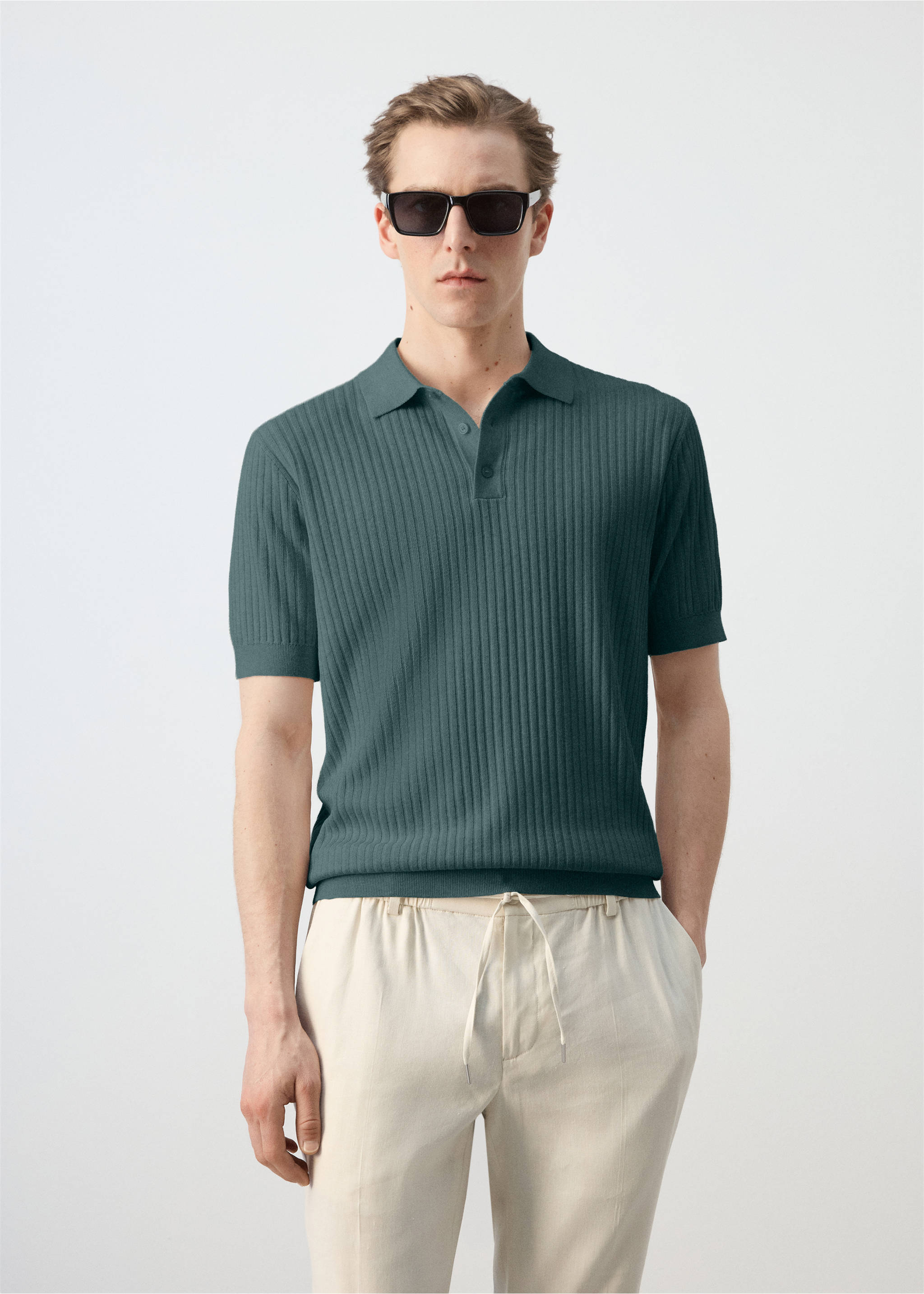 Rib-knit cotton-blend polo shirt - Medium plane, Forest Green. Ref: 27067913-00.