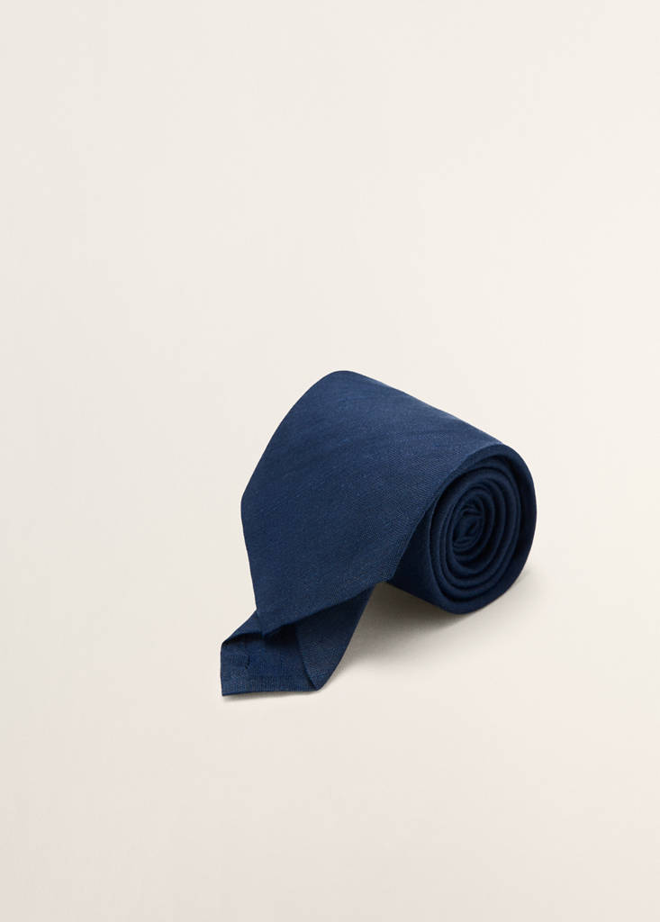 Plain tie in linen and silk blend — Navy