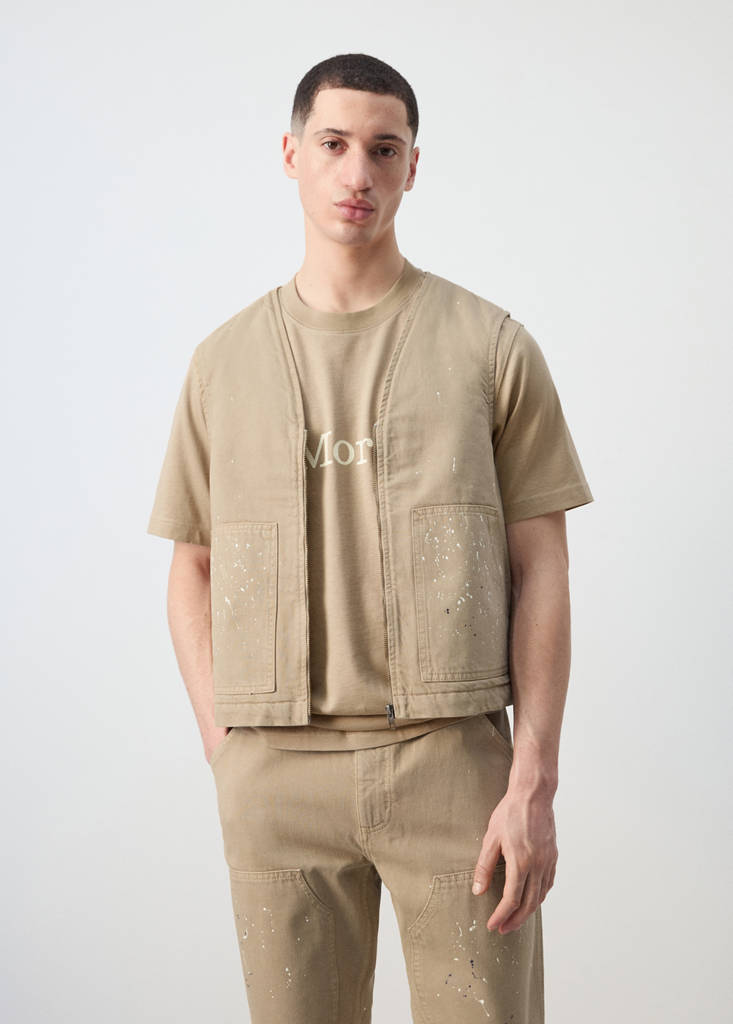 Splatter effect denim waistcoat — Beige