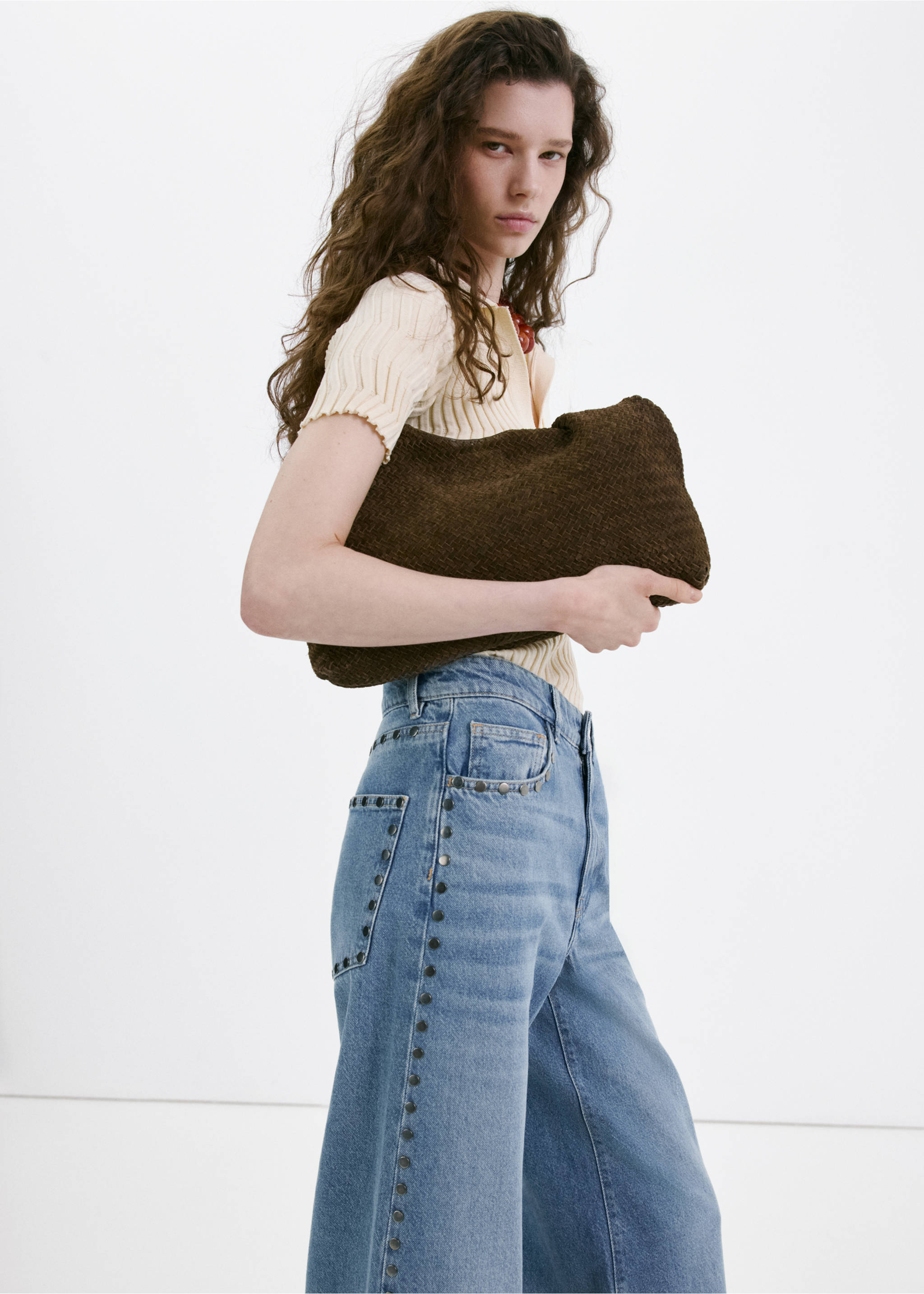 Straight-fit jeans with studs - Details of the article 6, Medium Blue. Ref: 27067938-00.