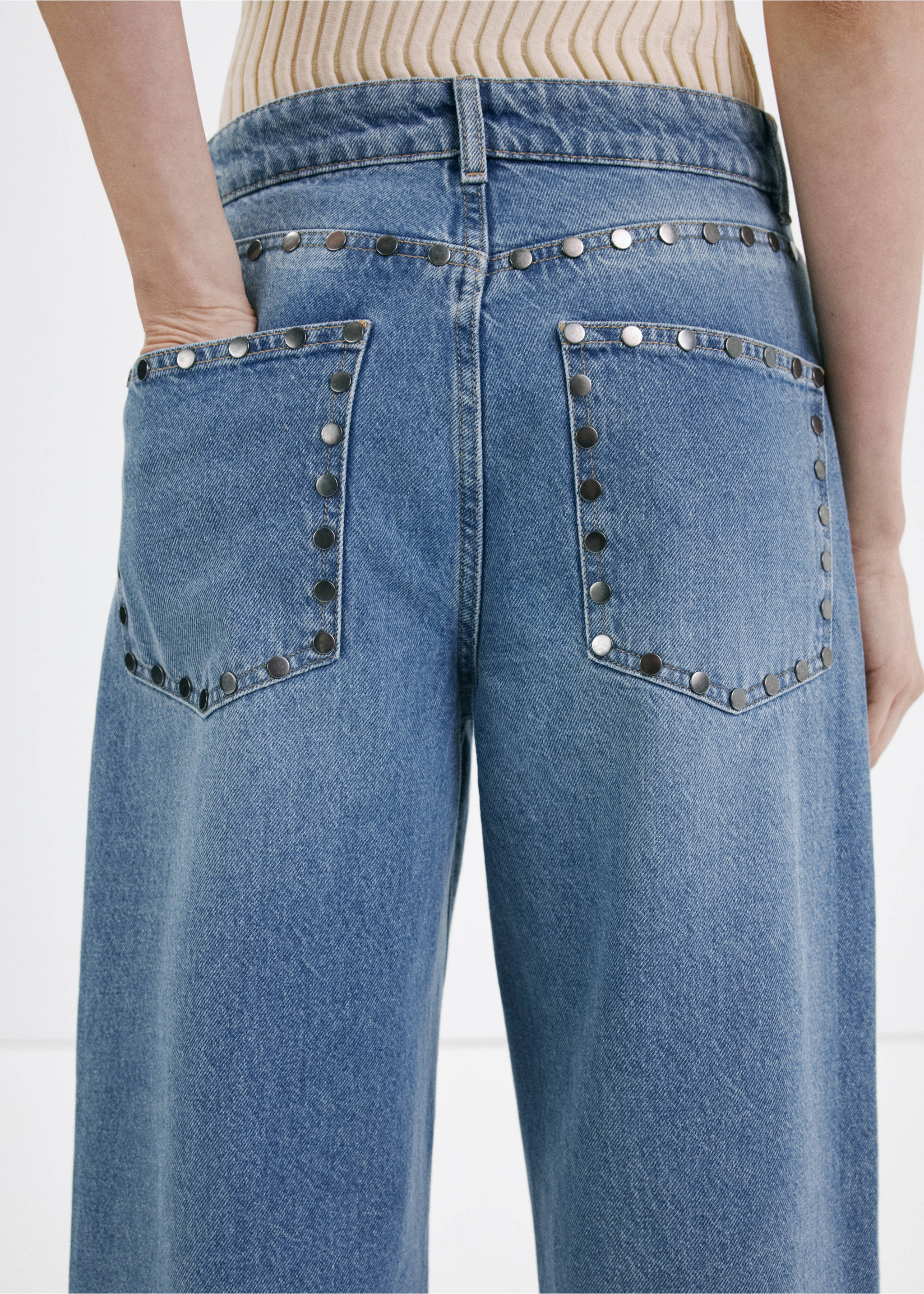 Straight-fit jeans with studs - Details of the article 2, Medium Blue. Ref: 27067938-00.