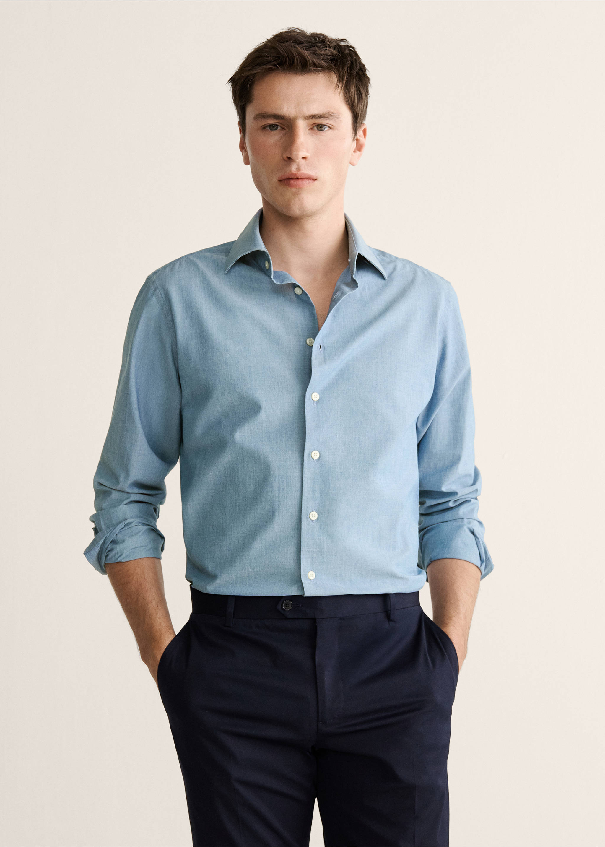 Chemise slim fit 100 % coton - Plan moyen, Bleu. Ref: 27068271-00.
