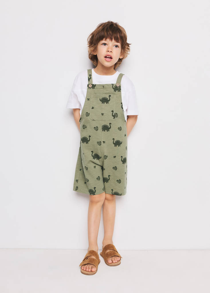 Printed cotton dungarees — Khaki