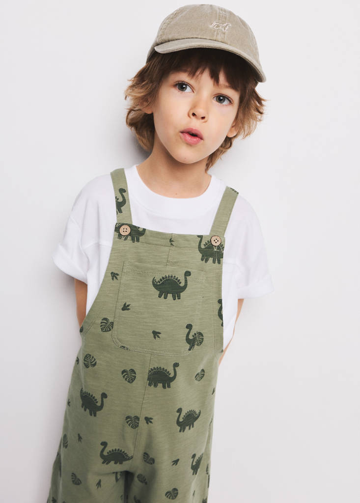 Printed cotton dungarees — Khaki