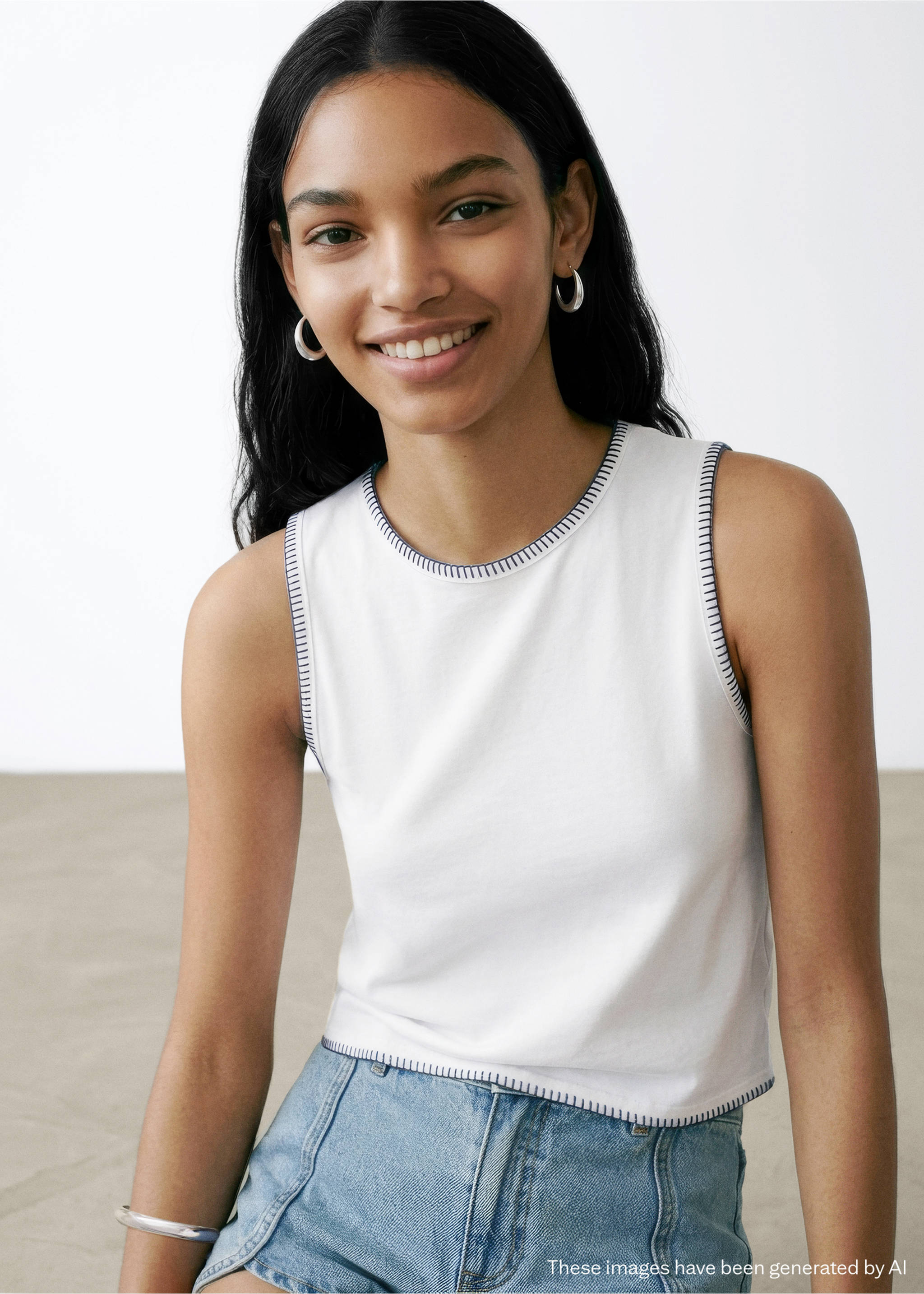 Top de algodão com debruns em contraste - Plano médio, Branco-pérola. Ref: 27068664-00.