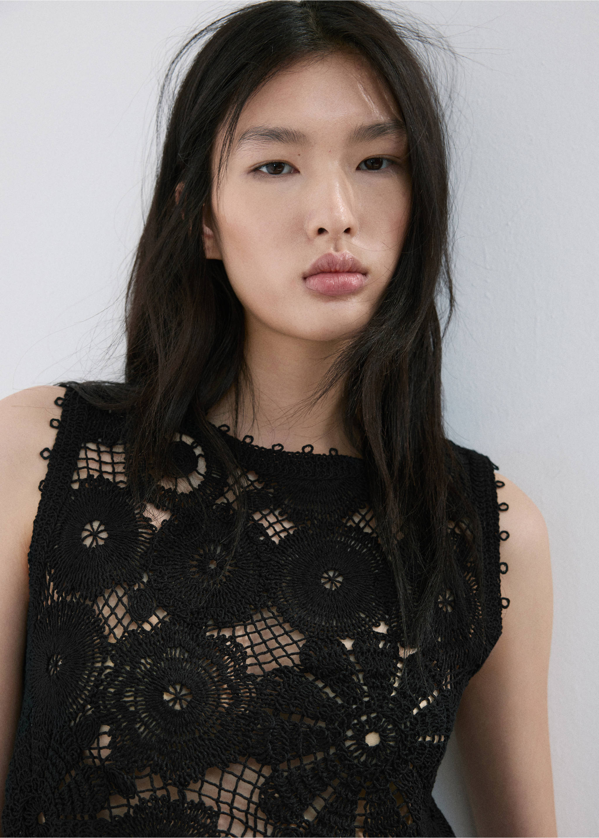 Embroidered top with openwork details - Details of the article 1, Black. Ref: 27069055-00.