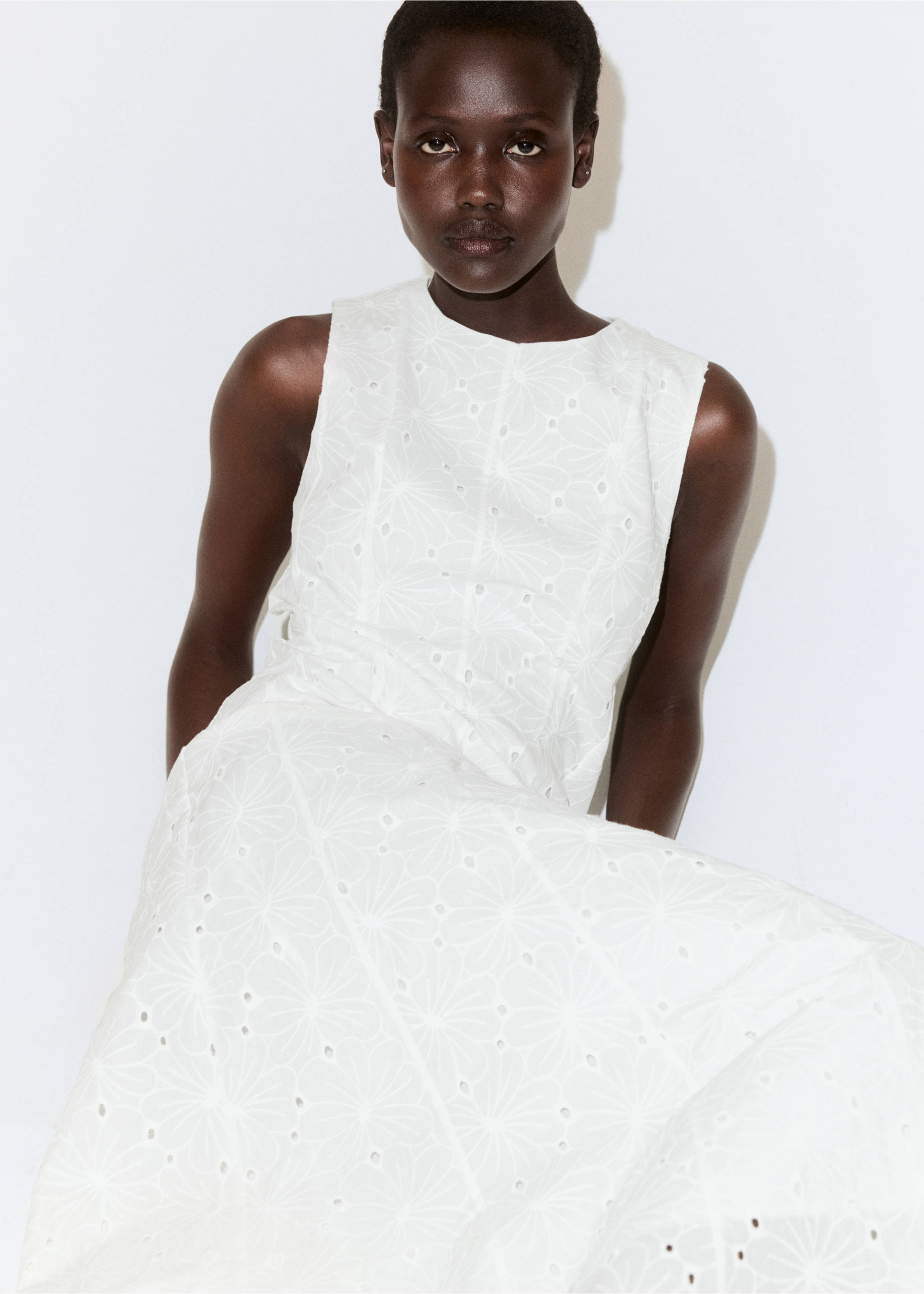 Embroidered lace flared dress - Details of the article 6, White. Ref: 27069058-00.