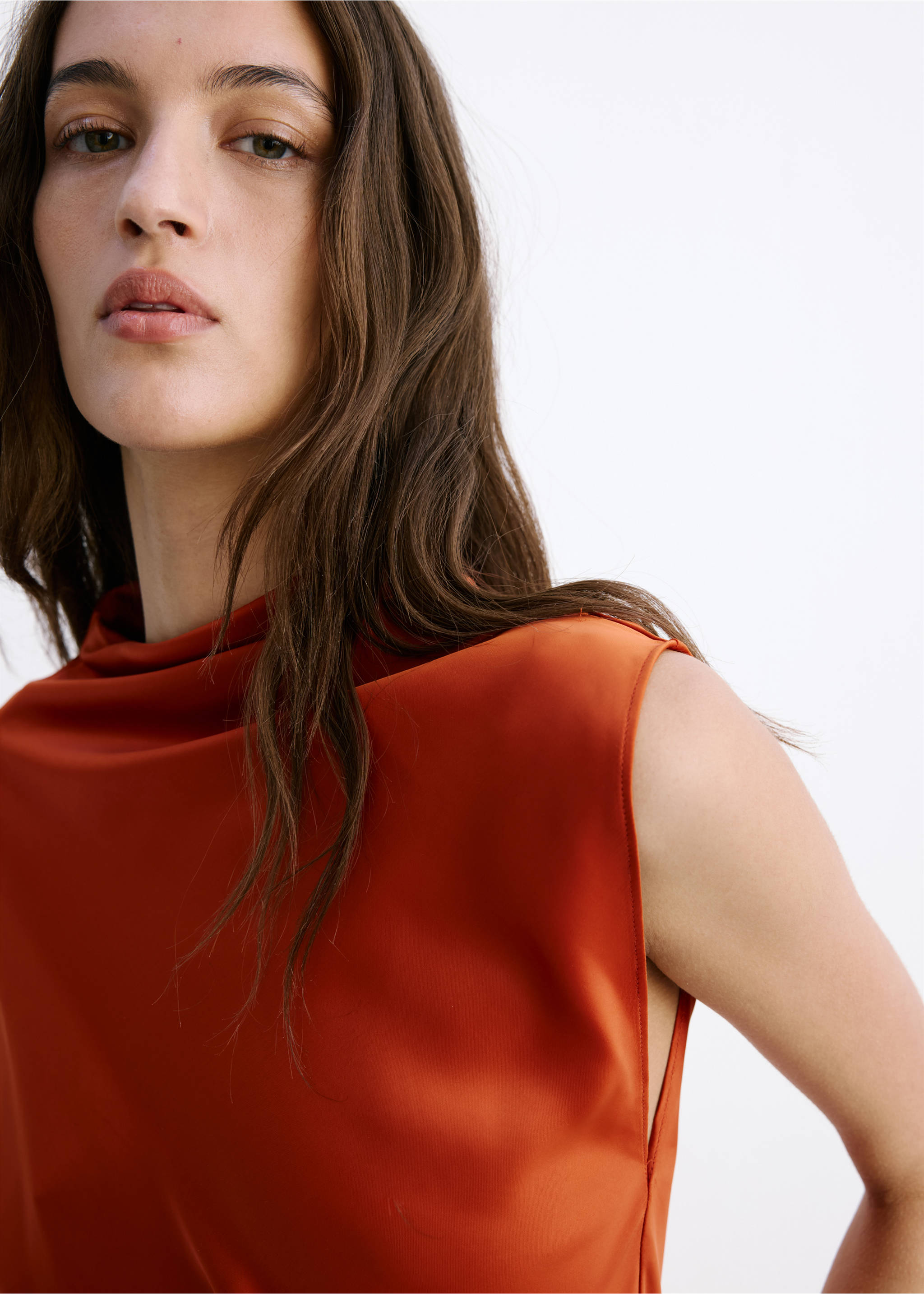 Asymmetric satin blouse - Details of the article 1, Russet. Ref: 27069059-00.